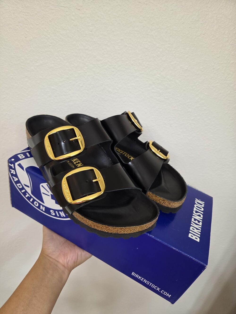 Birkenstock  Black Arizona Sandals with Gold Buckles